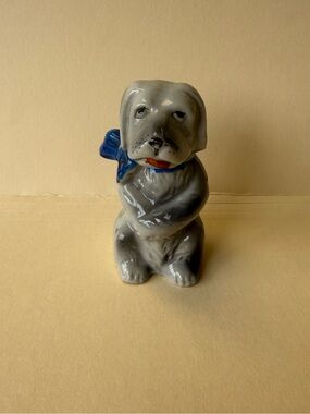 Vintage Ceramic Gray Sitting Dog with Blue Bow Figurine Made in Japan.
